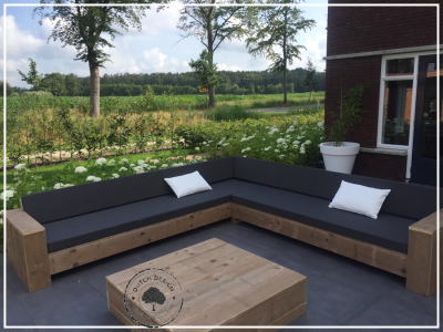 Steigerhout hoekbank / gebruikt steigerhout behandeld met naturel olie / standaard all weather kussens cartenza graphite 167